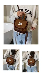 Close-up of leopard corduroy backpack with drawstring closure and cute bear patch detail