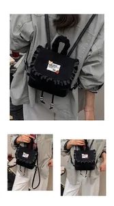 Detail of mini black backpack with ruffled trim, drawstring closure and bear patch