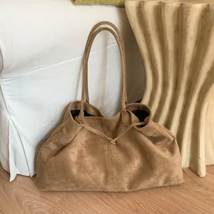 Women Minimalist Faux Suede Tote Bag Large Capacity Retro Lazy Style Shoulder Bag Casual Travel Office Solid Color Handbag