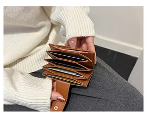 Close-up of brown litchi pattern card holder with concertina slots and metal snap