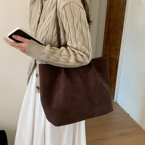 Large brown faux suede tote bag for women, stylish oversized shoulder bag for daily commute