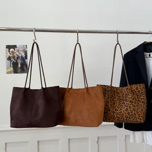 Minimalist suede tote bags in coffee, camel and leopard print for daily commute