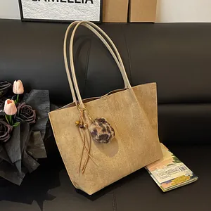 Vintage PU Frosted Suede Texture Large Capacity Tote Bag Women Retro Minimalist Shoulder Underarm Bag With Leopard Print Charm Tassel