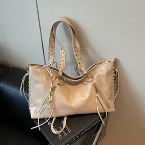 Women Retro PU Leather Large Tote Bag With Tassel Woven Handles Metal Rings Shoulder Crossbody Bag Casual Handbag