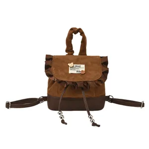 Brown leopard pattern mini backpack with cute bear patch and ruffles for girls