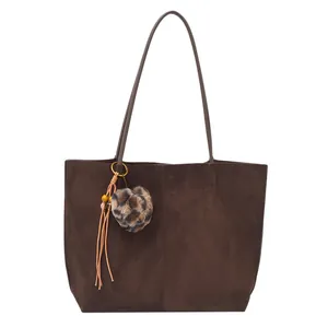 Retro large brown suede tote bag with leopard fur pompom and long shoulder straps