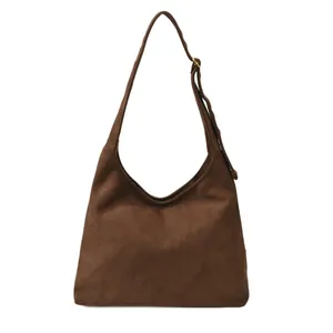 Retro deep brown suede hobo tote bag with large capacity and adjustable shoulder strap