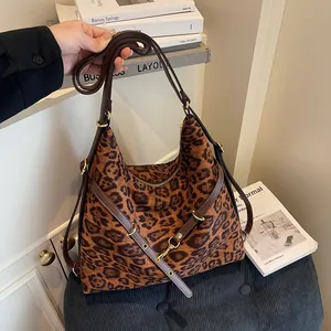 Sac Hobo pour Femme Imprimé Léopard en Suède Grande Capacité Sac à Bandoulière Vintage Mode Urbaine Navettage Tote Bag