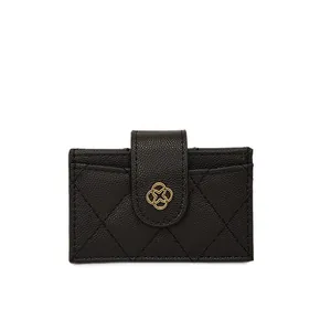 Black quilted leather wallet with camellia buckle and multiple card slots in a compact design