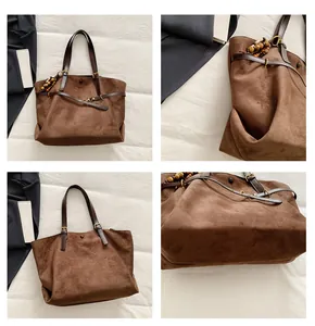 Detailed views of a coffee brown suede tote bag featuring leather straps and beaded charms