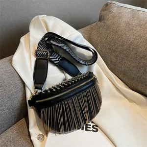 Women Fashion PU Leather Tassel Chest Bag Rhombus Quilted Semi Circle Waist Bag With Rivets Metal Chain Crossbody Bag