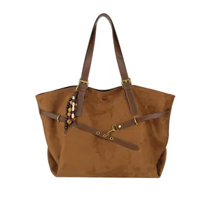 Retro brown suede tote bag with adjustable leather handles and vintage wooden beads