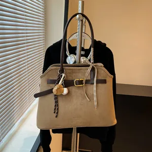 Large Capacity Tote Bag Suede PU Leather Belt Gold Buckle Vintage Commute Shoulder Bag For Women Fashion Handbag