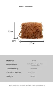 Detail view of brown plush crossbody bag featuring adjustable metal buckle and dimensions
