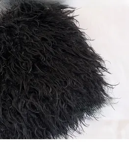 Detail shot of lightweight black faux fur material showing soft and fluffy texture