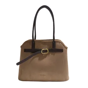Dark brown suede tote bag with leather belt strap and gold buckle detail