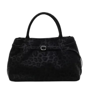 Schwarze Shopper-Tasche aus Wildleder mit Leopardenmuster und silberner Schnalle