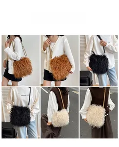 Detail showing plush faux fur texture and adjustable straps on various crossbody bags