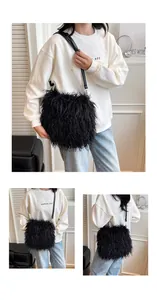 Detailed views of a fluffy black faux fur crossbody bag with adjustable strap