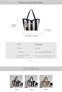 Detailed size chart for striped canvas tote bag showing dimensions and bear charm detail