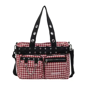 Punk style large capacity houndstooth tote bag with silver metal studs and chain details