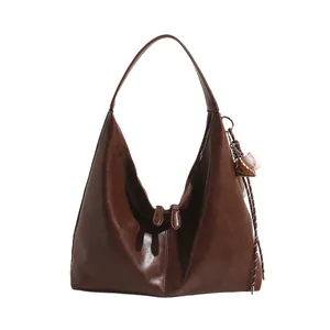 Retro deep brown large hobo shoulder bag with baseball glove pendant in high quality leather