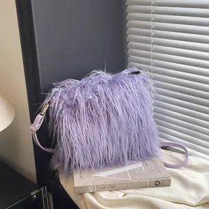 Women's Faux Fur Plush Shoulder Bag With Adjustable PU Leather Strap Gold Tone Metal Buckle Soft Autumn Winter Handbag