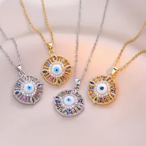 Collier Mauvais Oeil Acier Inoxydable Pendentif Zircone Colorée Design Soleil Radiant Bijoux Mode Tempérament Pour Femmes