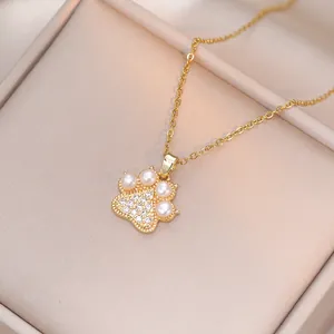 Collier Pendentif Patte De Chat Acier Au Titane Perle D'eau Douce Zircone Chaîne De Clavicule Bijoux Élégants Femmes