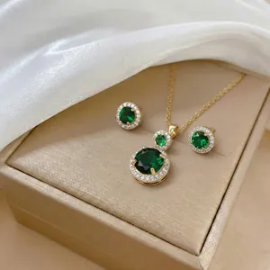 Smaragdgrün Zirkonia Anhänger Halskette Für Damen Elegant Vergoldet Edelstahl Geometrisch Schmuck Set Geschenk
