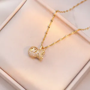 Money Bag Pendant Necklace Titanium Steel Rhinestone Encrusted Fortune Lucky Charm Gold Plated Jewelry For Women