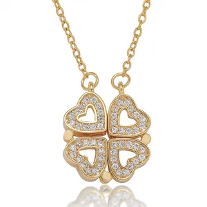 Collana Quadrifoglio Cuore Acciaio Inossidabile Pieghevole Magnetico Pendente Zircone Lusso Moda Gioielli Per Donne