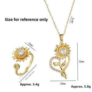 Ensemble collier et bague tournesol doré avec détails en cristaux en forme de cœur