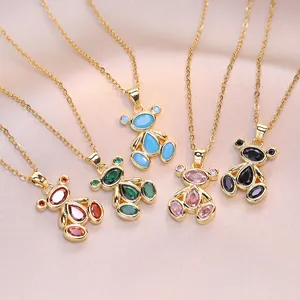 Bear Pendant Necklace Titanium Steel Zircon Colorful Gemstone Trendy Fashion Jewelry For Women