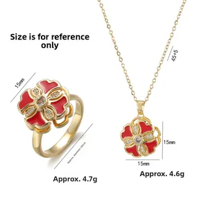 Guide des tailles détaillé pour parure collier et bague fleurs rouges avec zircons