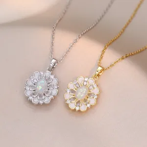 Collier Pendentif Fleur Élégant Avec Opale Et Zircon Incrusté Bijoux En Acier Inoxydable Émail Blanc Pour Femme