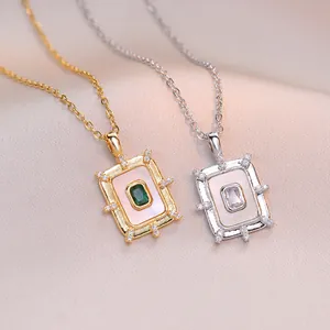 Retro Rectangle Pendant Necklace Emerald Green Zircon Mother Of Artificial Pearl Stainless Steel Vintage Palace Style Jewelry Women