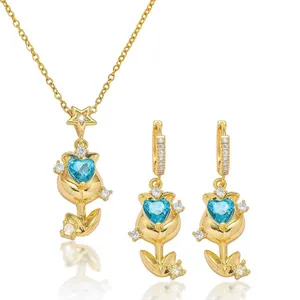 Tulip Flower Necklace And Earrings Heart Blue Zircon Gold Plated Copper Star Pendant Elegant Trendy Jewelry For Women