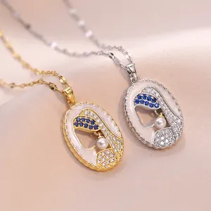 Portrait Pendant Necklace Stainless Steel Enamel Blue Cubic Zirconia Artificial Pearl Artistic Vintage Jewelry For Women