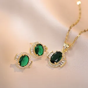 Vintage Emerald Green Zircon Necklace Oval Geometric Titanium Steel Gold Plated Luxury Clavicle Chain Jewelry For Women