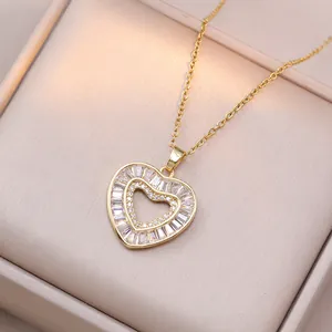 Heart Pendant Necklace With Double Layered Sparkling Zircon Inlaid Gold Plated Titanium Steel Fashion Jewelry For Women