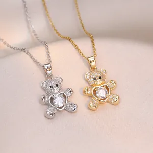 Collier Pendentif Ours Dainty Acier Titane Zircone Cubique Cœur Dansant Bijoux Mode Élégant Pour Femmes Filles
