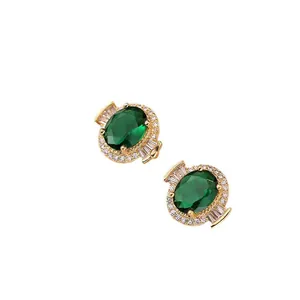 Elegant emerald green oval zircon stud earrings with gold plating and white stones