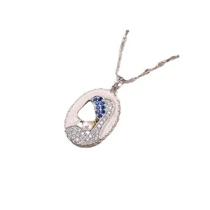 Artistic oval pendant necklace with colorful enamel, white pearl and zircon on silver chain