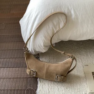 Women Retro Faux Suede PU Leather Hobo Bag Crescent Shape Shoulder Crossbody Bag With Metal Buckle Minimalist Underarm Bag