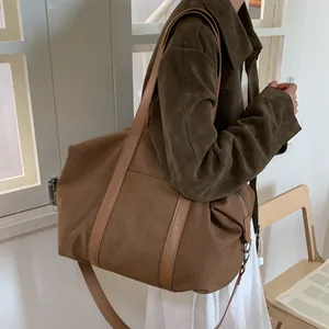 Brown large-capacity tote bag with suede and leather patchwork for commute style
