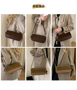 Detailed styling of retro suede shoulder bags with wooden bead accents on models
