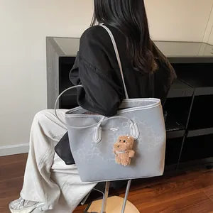 Women Leopard Print Tote Bag Large Capacity PU Leather Shoulder Bag Retro Frosted Handbag With Bear Pendant Office Lady
