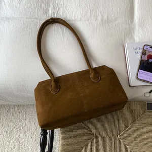 Minimalist Suede Fabric Shoulder Bag For Women Large Capacity Sophisticated Retro Tote Handbag Commuter Boston Bag