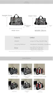 Detailed size chart for striped canvas tote bag with large and small dimension specs